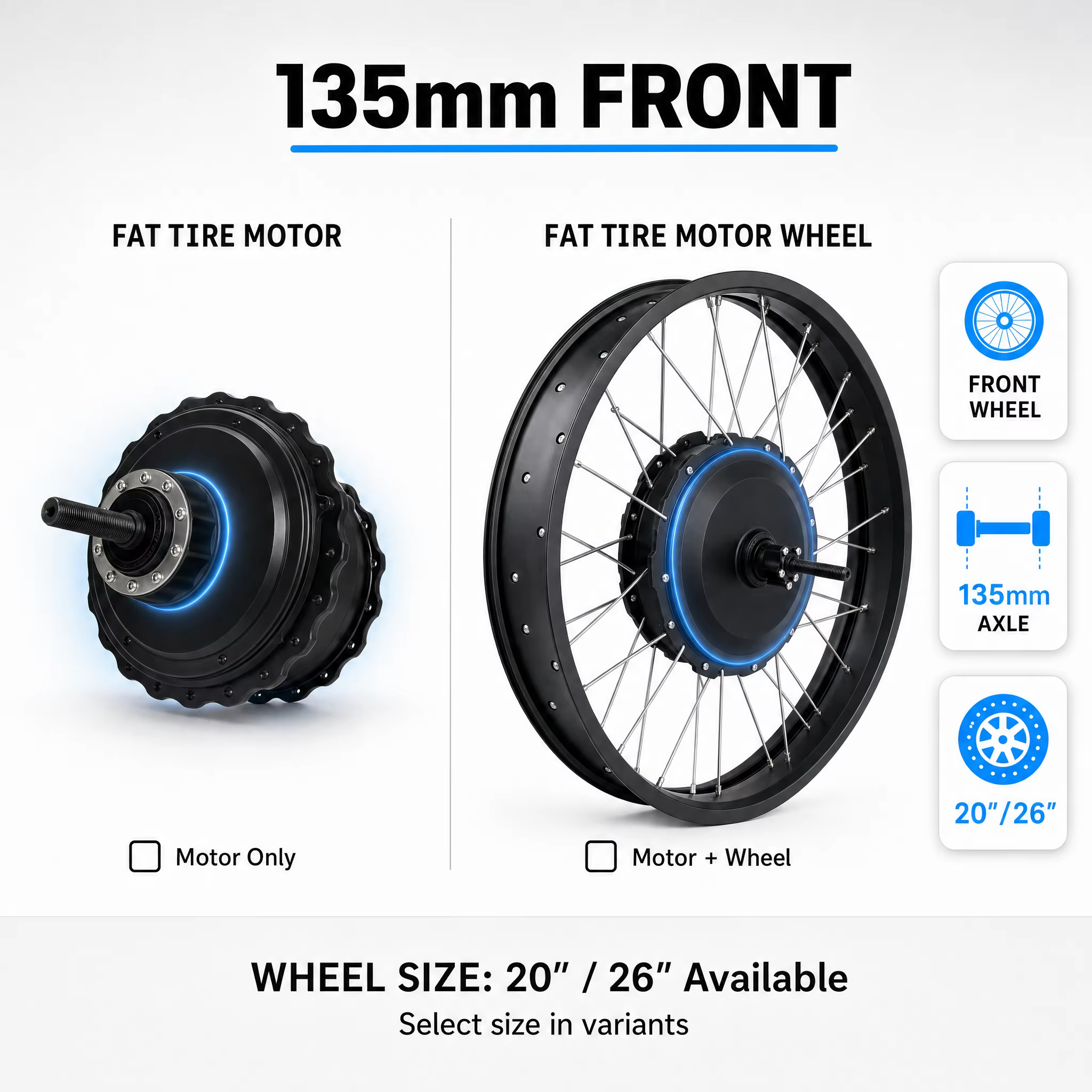 Kit de conversion de vélo électrique avec moteur de moyeu 48V 1000W pour pneus larges 20" 26" (avant