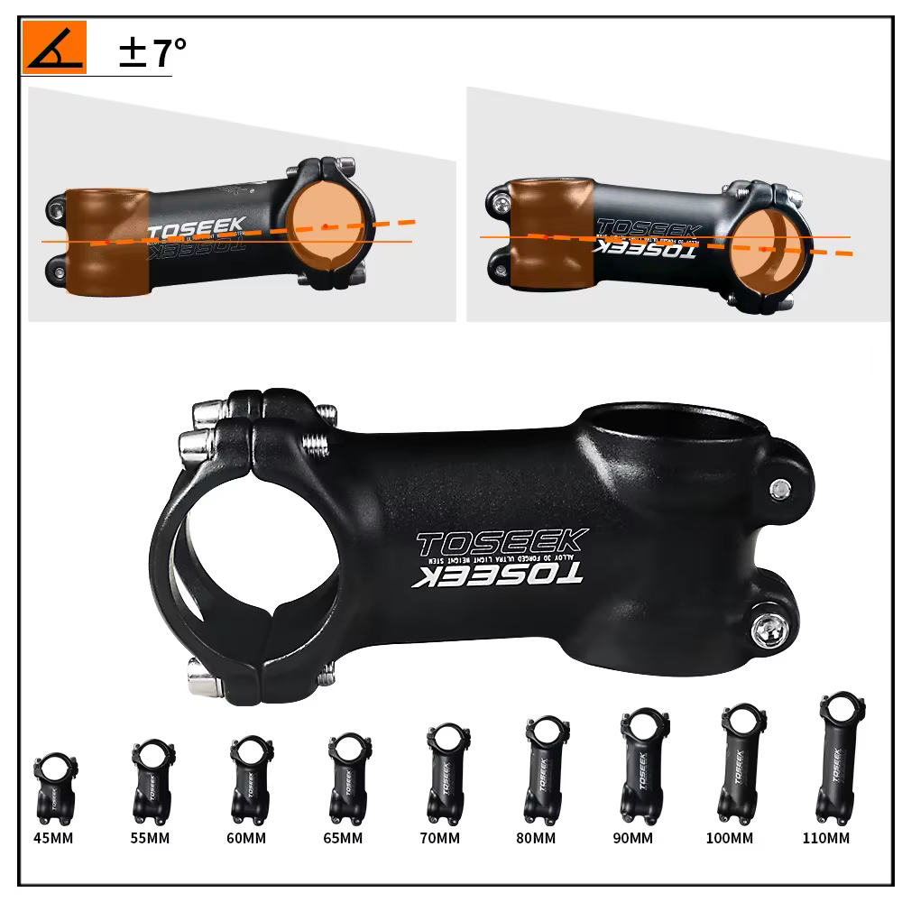 TOSEEK tige de vélo en aluminium ultralégère 7 degrés tige de VTT vtt 31.8x45/55/60/65/70/80/90/100/