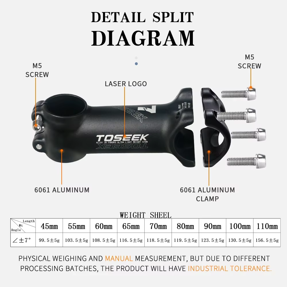 TOSEEK tige de vélo en aluminium ultralégère 7 degrés tige de VTT vtt 31.8x45/55/60/65/70/80/90/100/