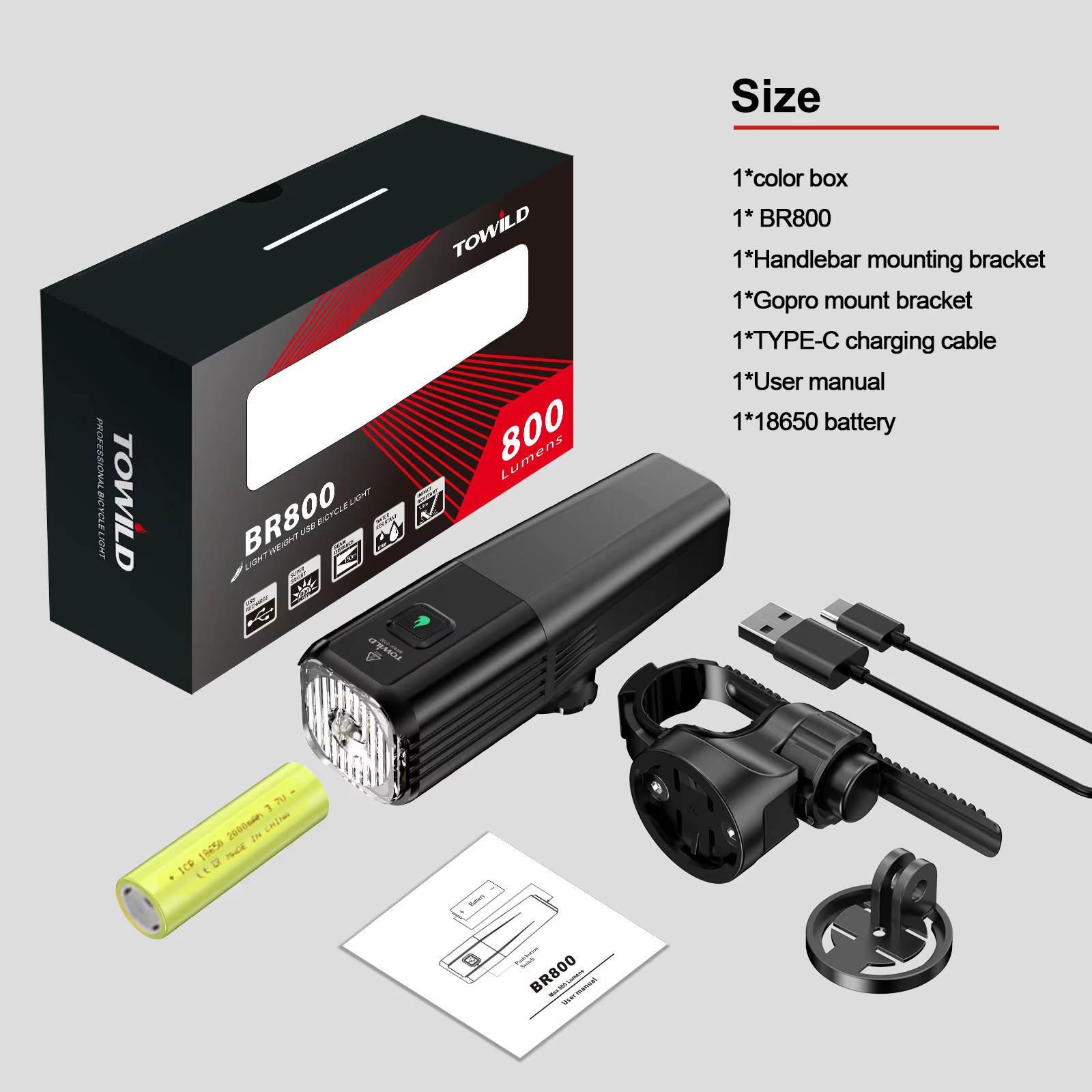 TOWILD – phare de vélo 800 lumens, torche anti-éblouissement, charge USB, équipement de cyclisme, BR