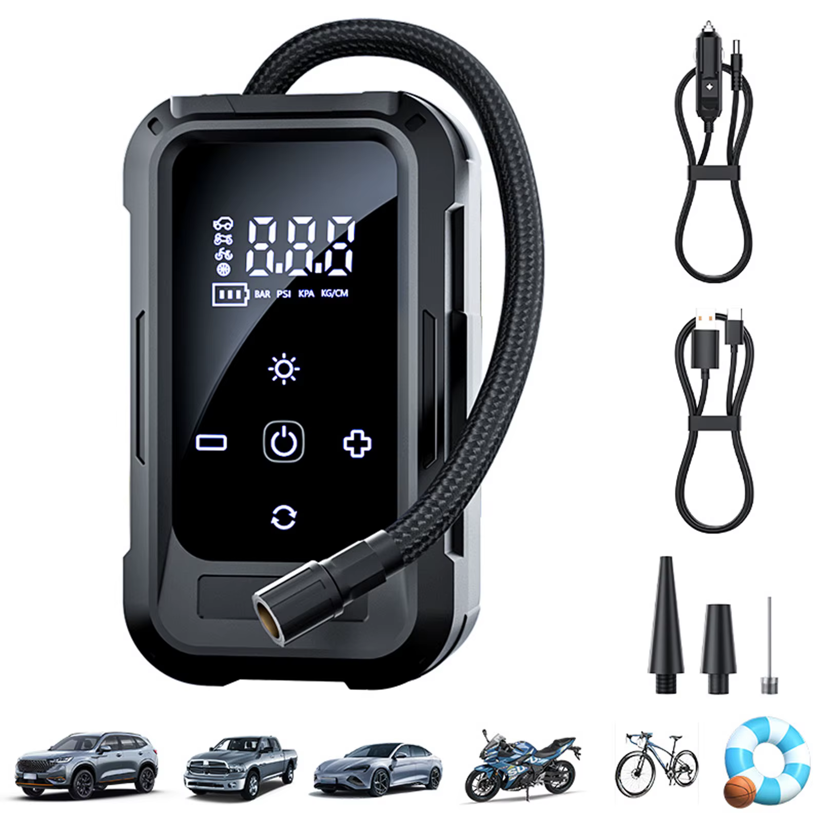 Gonfleur de pneus 140 PSI avec manomètre numérique, pompe à air électrique pour voiture, moto, vélo,