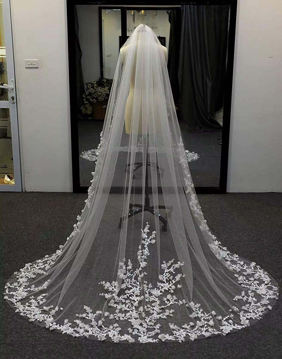 Voiles de mariage fleurs 3D voile Floral 1 niveau longue cathédrale bord en dentelle pétales exquis 