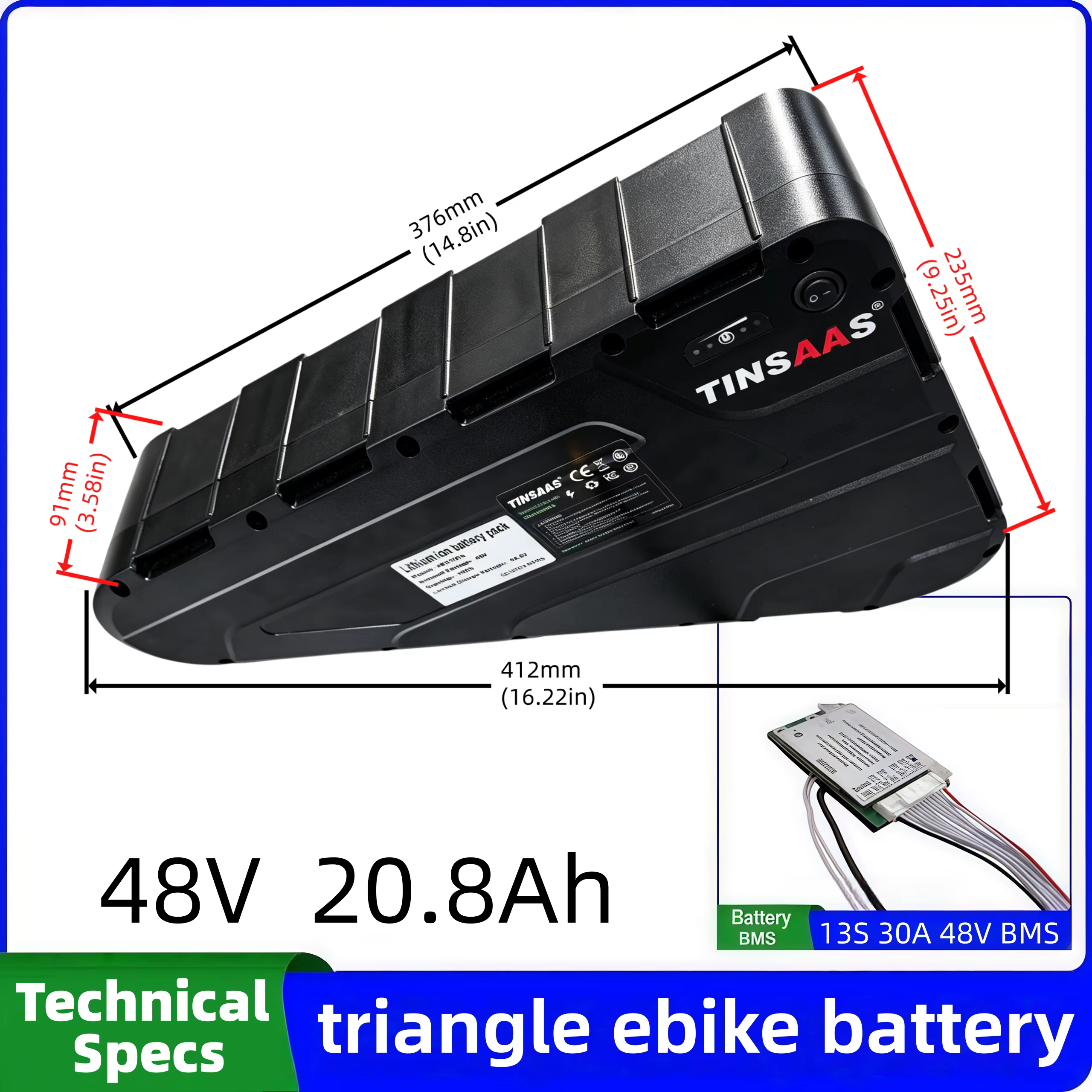 Batterie triangulaire pour vélo électrique 21700, cellules 36V 48V 52V 60V 72V, adaptée au cyclisme 