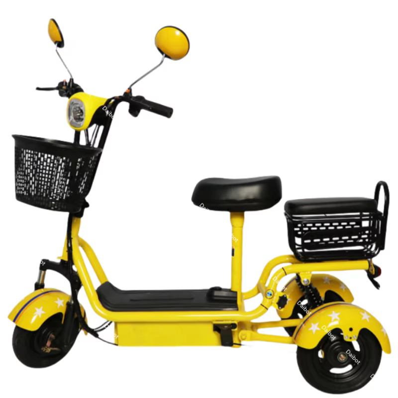 Trottinette électrique de banlieue jaune légère à 3 roues avec 2 sièges et paniers pour femme, Mini 