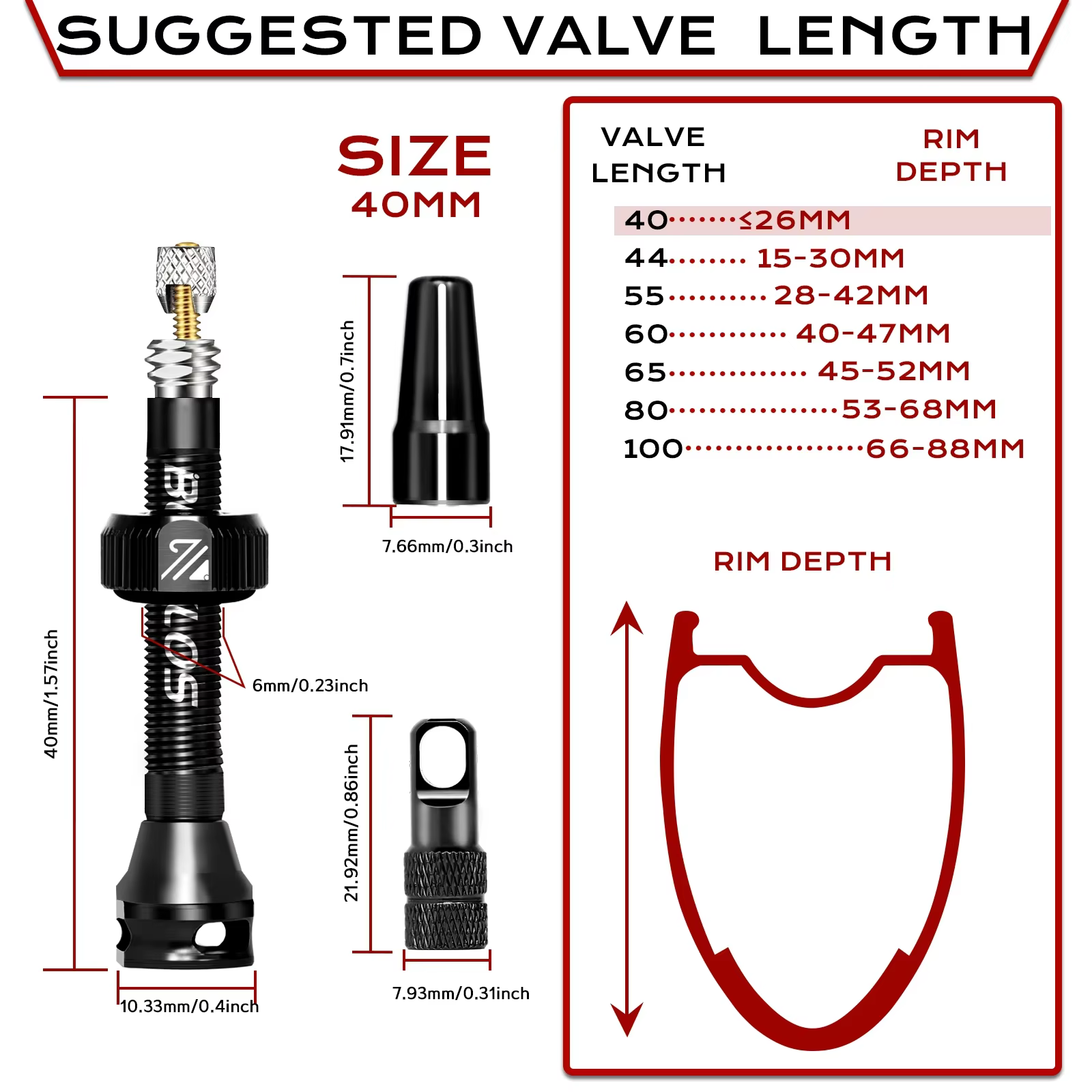 BUCKLOS Valve Tubeless de vélo 40mm 44mm 55MM Valve de pneu Tubeless de vélo Valves Presta de vélo 6