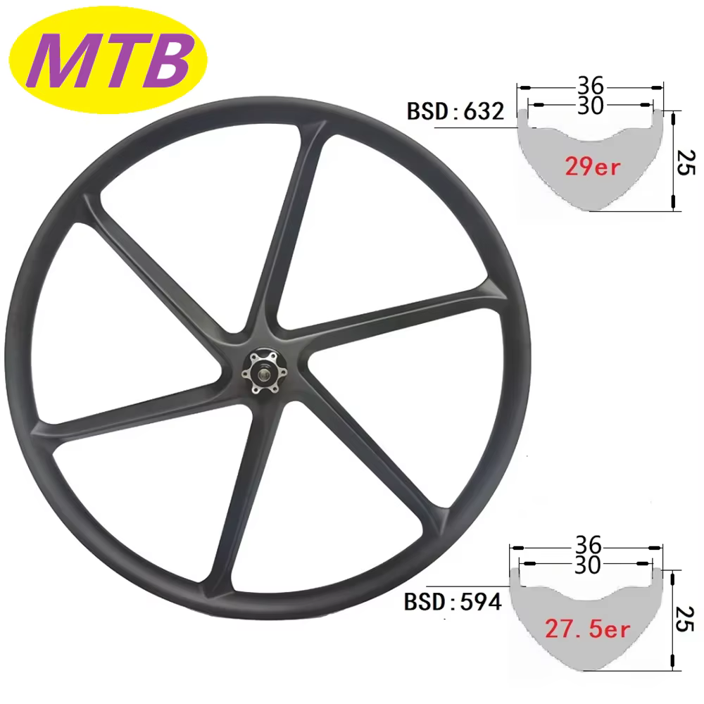 Roues à 6 rayons en carbone 29er 650b 27.5 XC AM pour vélo électrique, sans crochet, sans chambre à 