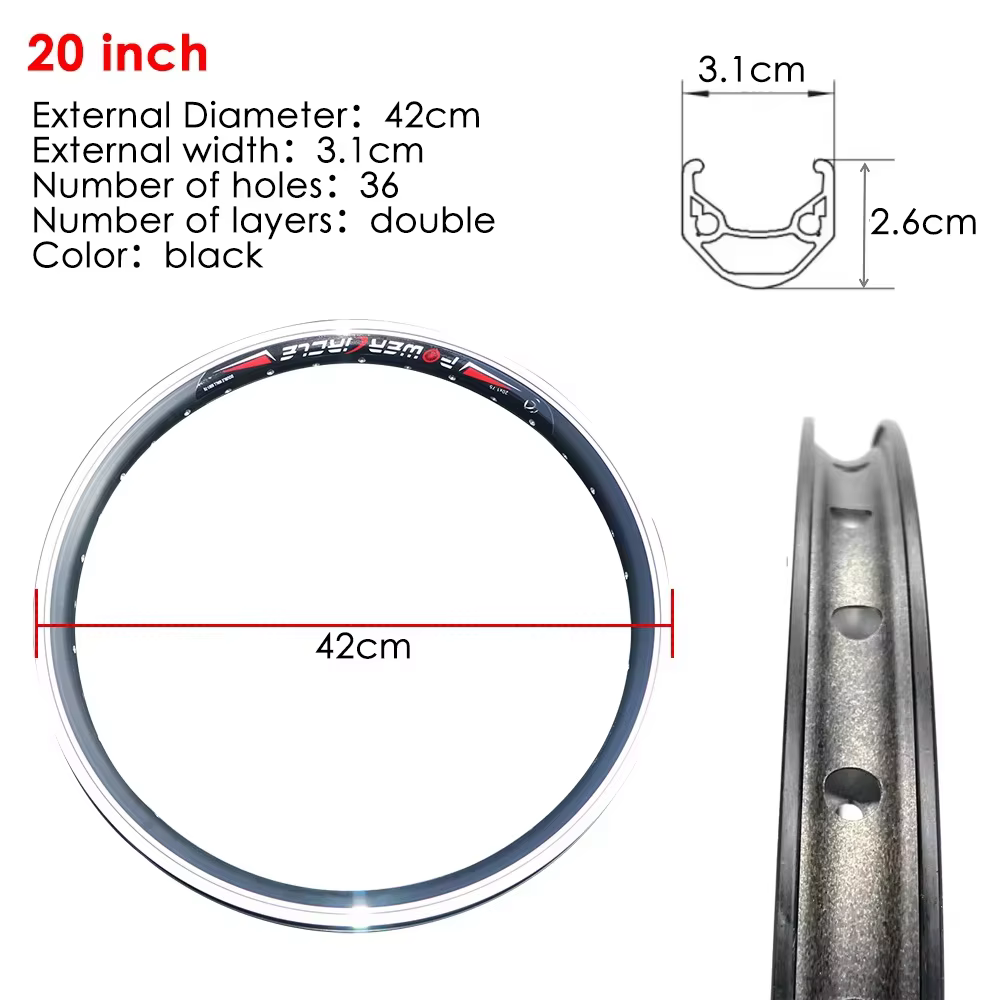 Jantes de vélo double couche en alliage d'aluminium pour roues VTT, roues pliantes E Bike, noir, arg