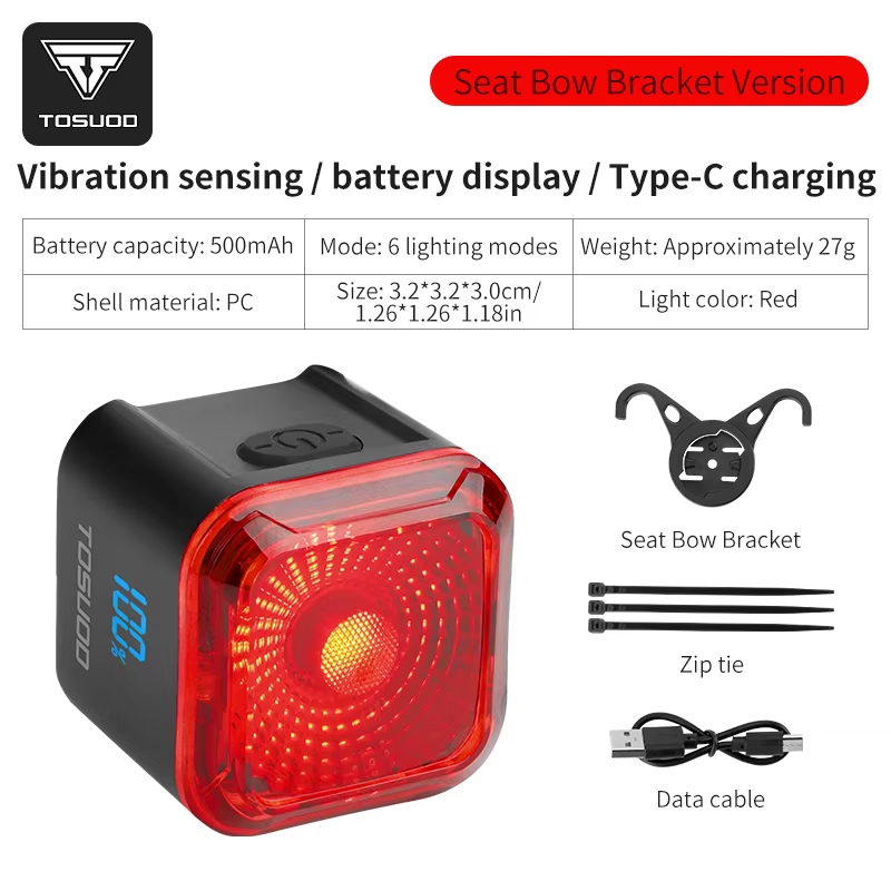 TOSUOD feu arrière de vélo IPX5 étanche 6 Modes d'éclairage type-c Charge détection de frein 500mAh 