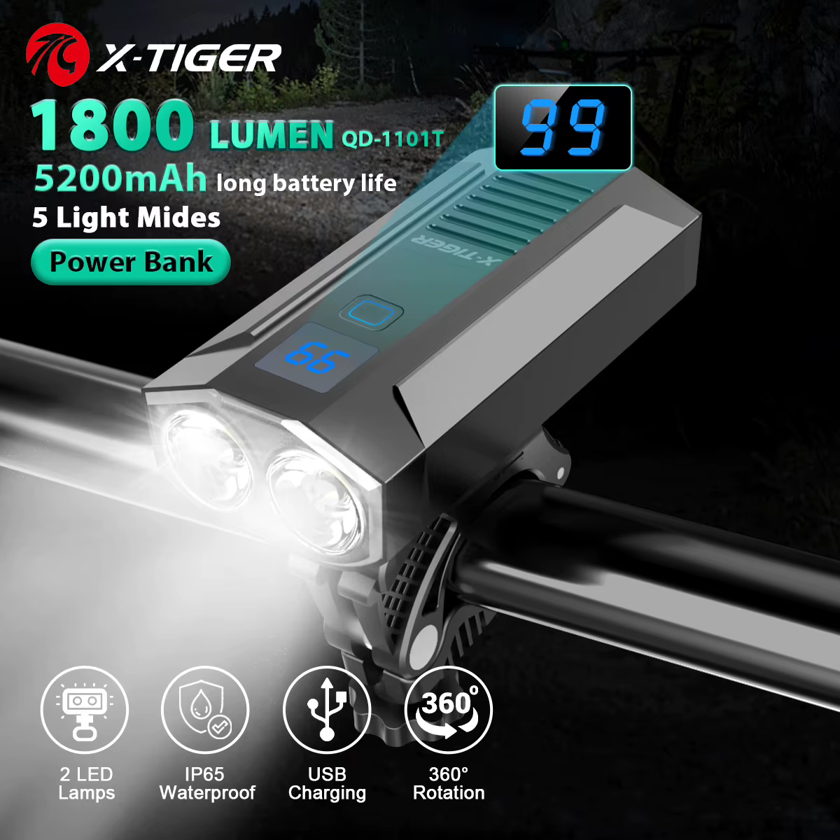 X-TIGER – éclairage de vélo étanche, chargeur USB, lampe avant LED en aluminium, phare de vélo, batt