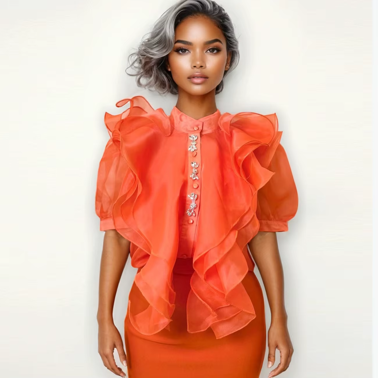 Chemisier Orange en Organza à Volants, Col Montant, Manches Courtes Bouffantes, Boutons Strass, Mail
