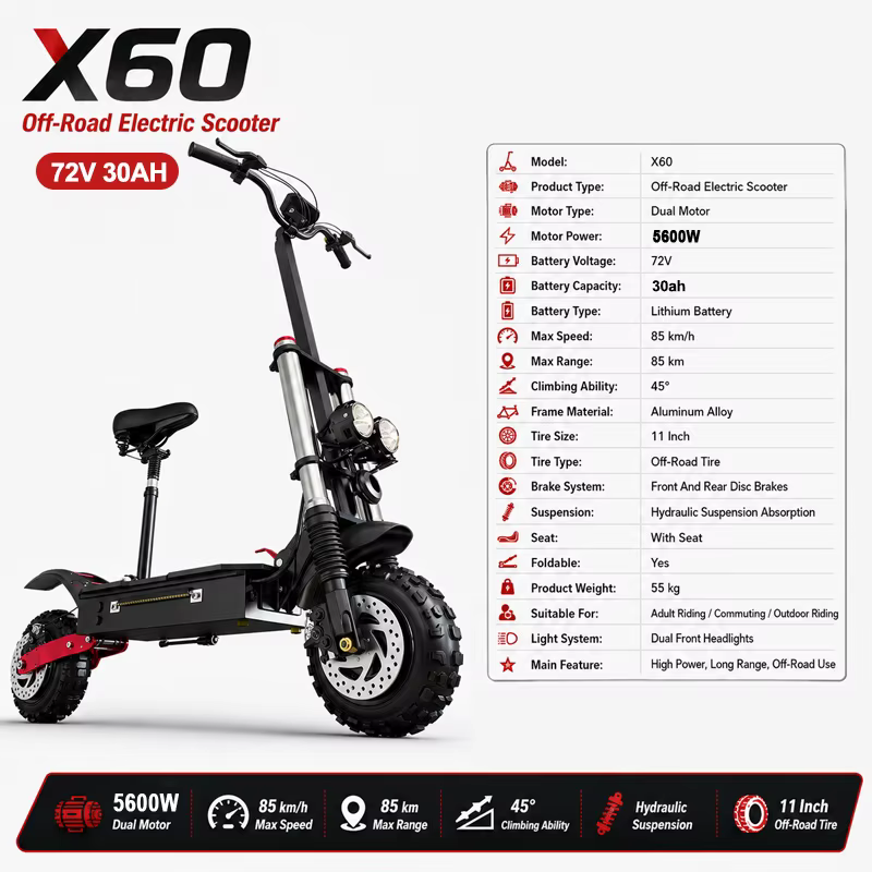 Scooter électrique pour adultes, vitesse maximale 85-90 km/h, 30 Ah, moteurs puissants 6000 W, pneus