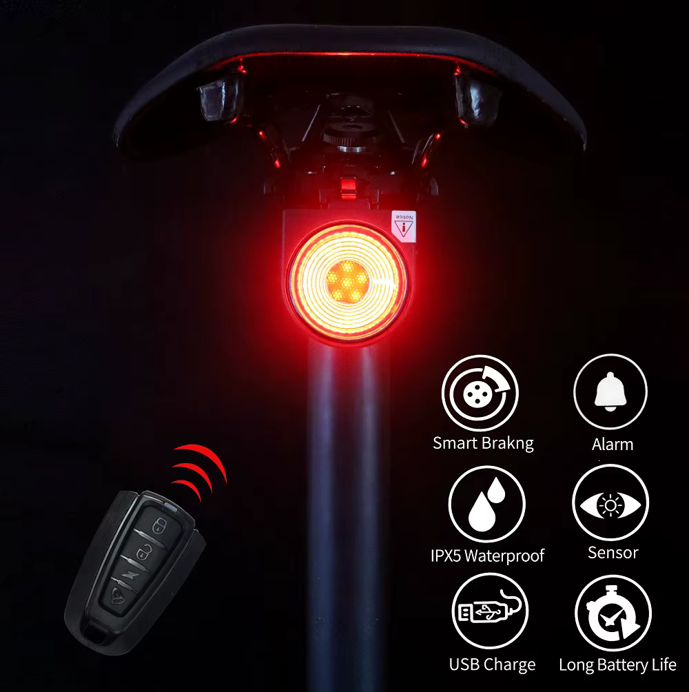Feu arrière de vélo, feu de freinage, alarme anti-cambriolage, appel à distance, contrôle sans fil, 