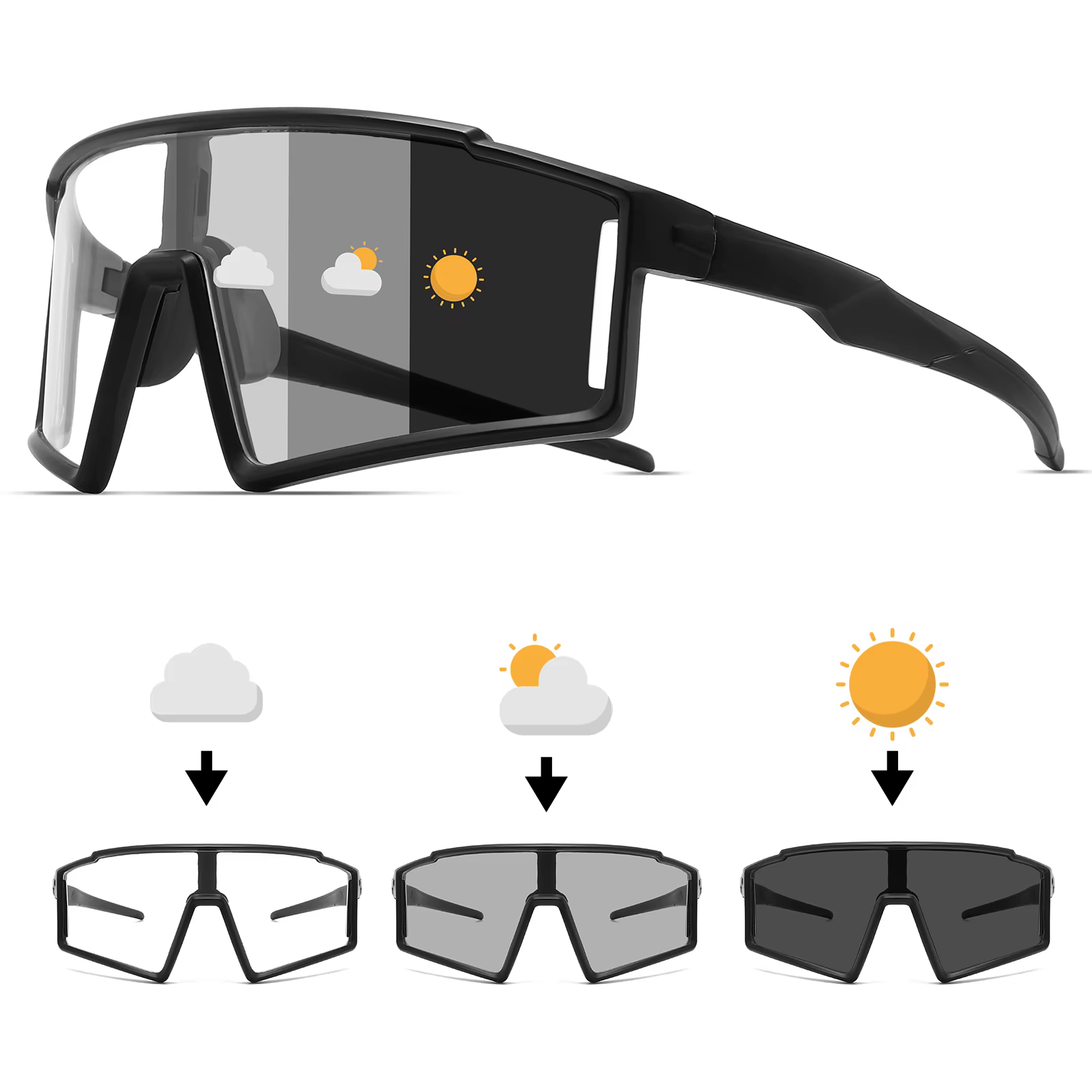 Lunettes de soleil de sport monobloc photochromiques – Cadre enveloppant surdimensionné, confort UV4