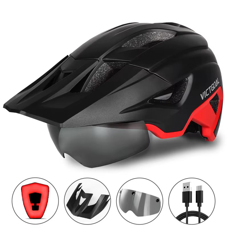 VICTGOAL casque de vélo avec lunettes de soleil visière feu arrière LED casque de vélo de montagne l