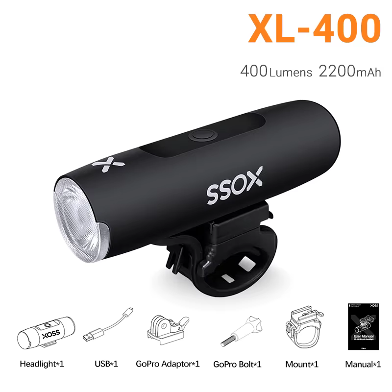 XOSS XL400 800 Lampe de vélo en aluminium, phare de vélo, lampe torche, guidon, charge USB, lumière