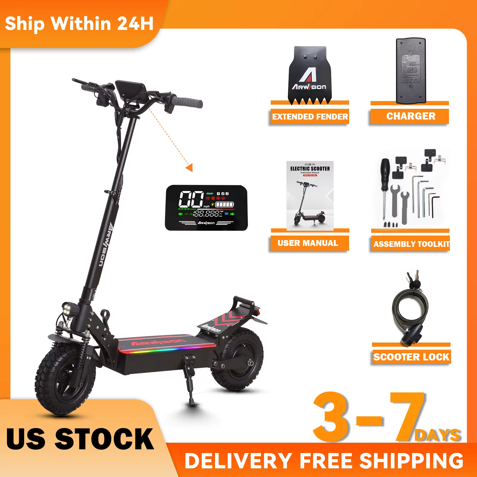 Trottinette électrique adulte Arwibon Q30, moteur 2500W, vitesse maximale 30 MPH, 48V13/16AH, pneus 
