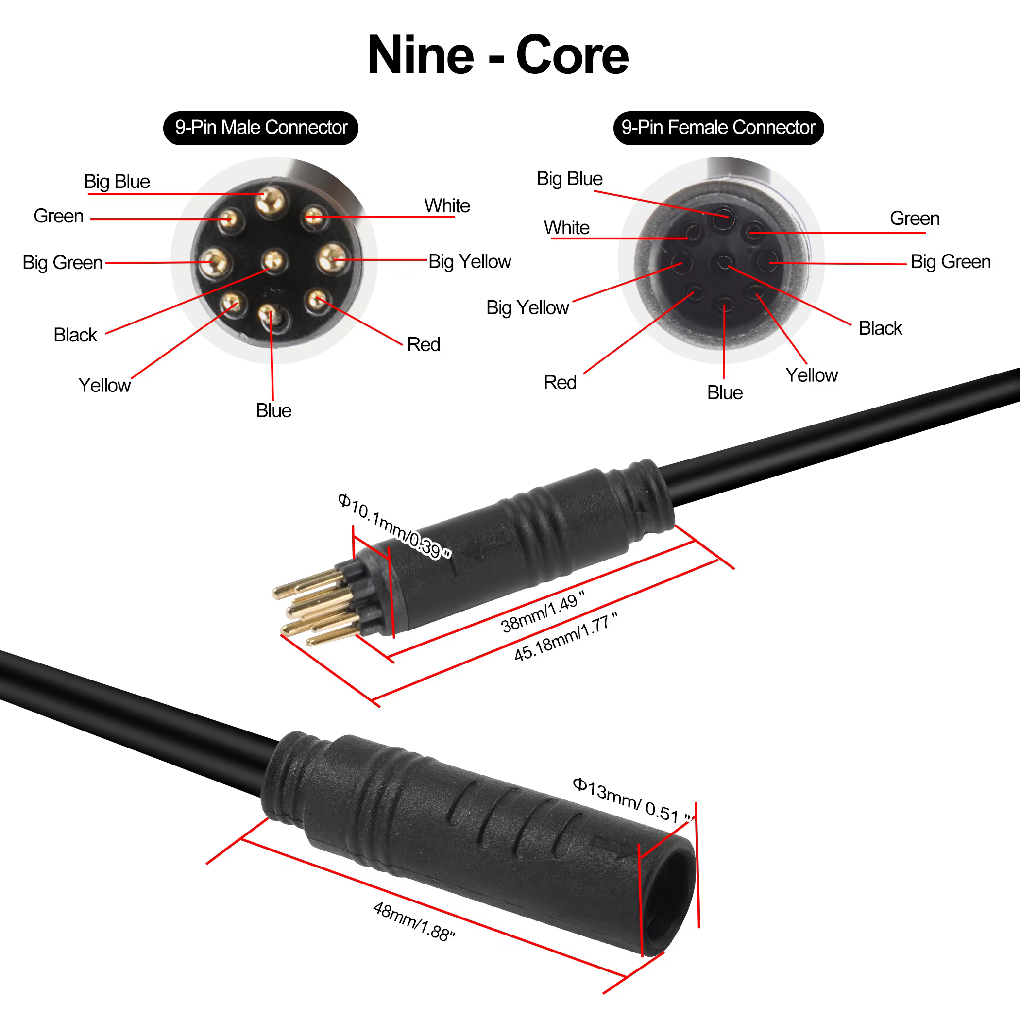 Câble d'extension pour moteur de moyeu de roue de vélo électrique 60cm/120cm, port étanche 9 broches