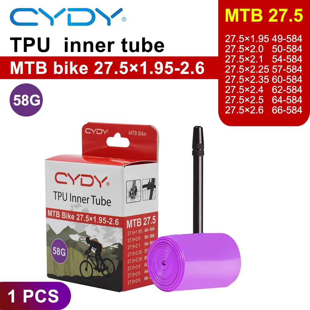 Chambre à air de vélo VTT CYDY en TPU 26''/27.5''/29''x1.95 2.0 2.1 2.25 2.35 2.4 2.5 2.6 pour pneus