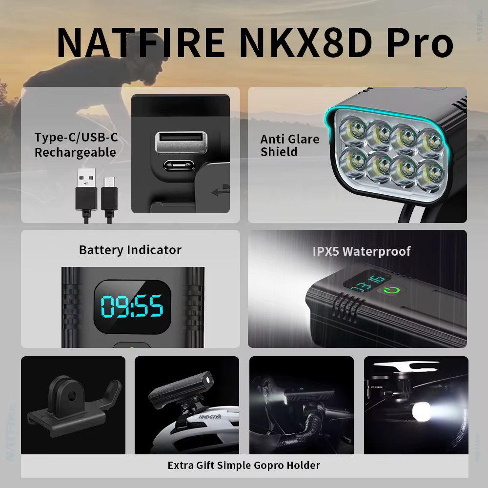 Mise à niveau du phare de vélo puissant 8-6 LED, 10000mAh, Rechargeable par USB, comme batterie exte