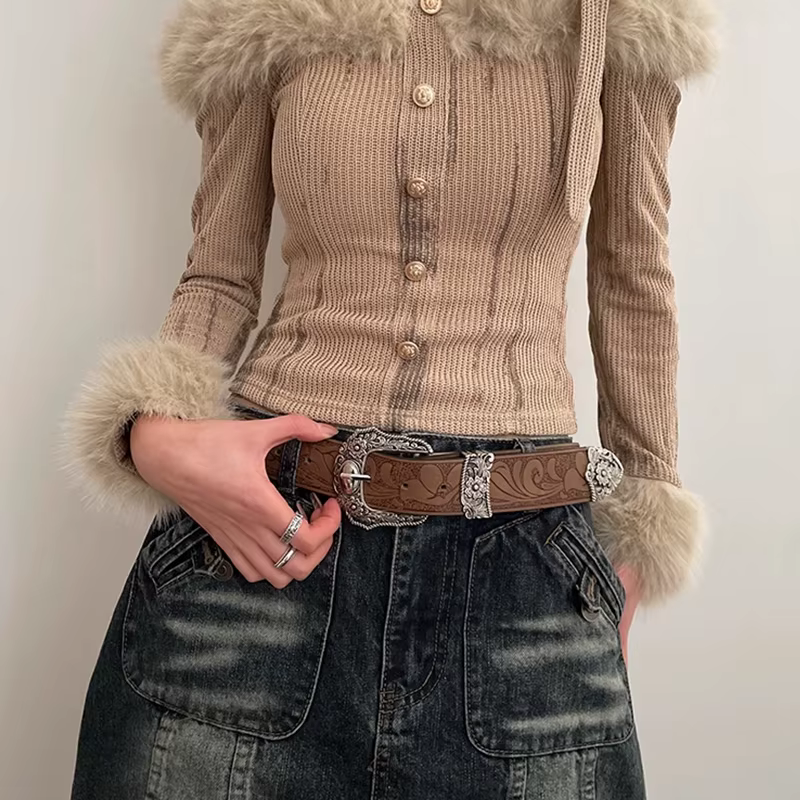 Ceinture Vintage en cuir PU marron occidental pour femme, ceinture de taille Cowgirl avec boucle en