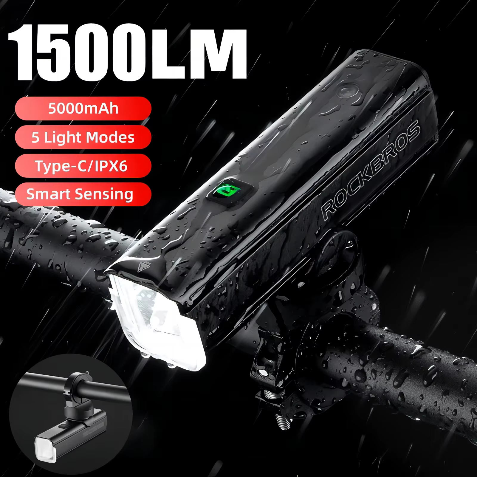 ROCKBROS lumière de vélo 1500LM5000mAh type-c lumière de vélo contrôle de température IPX6 aluminium