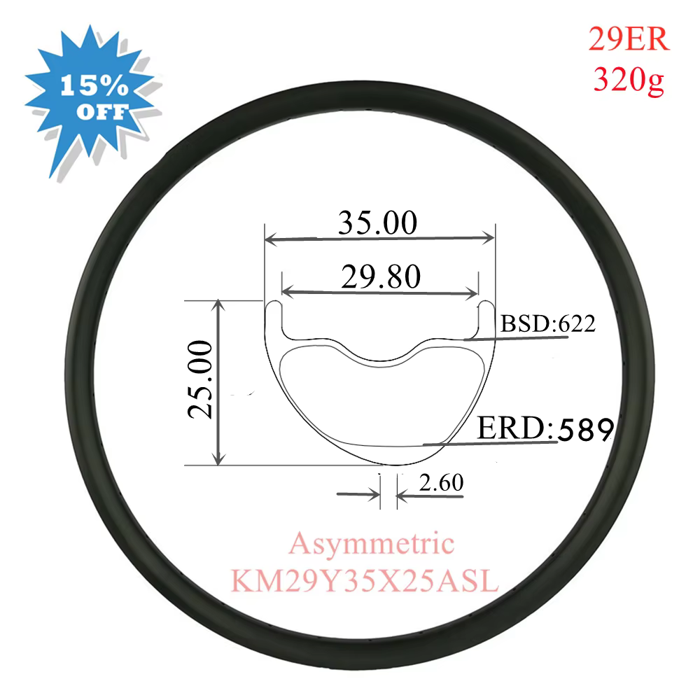 Jante de VTT Asymétrique en Carbone Sour29er, 320g, 35x25mm, 30mm de Largeur, Sourire de Montagne Su