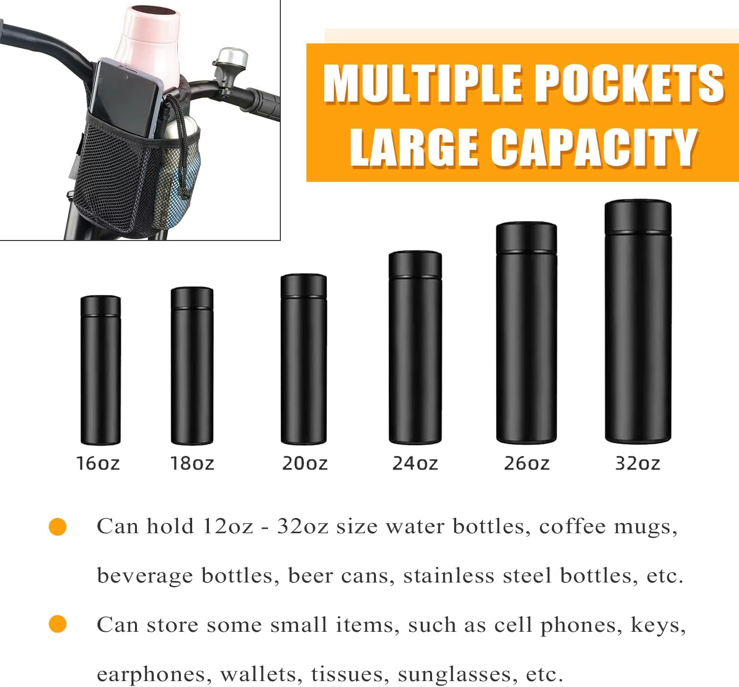 2in1 vélo guidon support pour téléphone vélo porte-bouteille d'eau maille poche universelle ajusteme