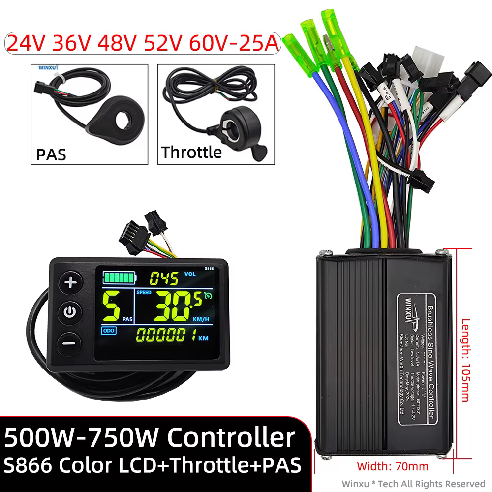 Contrôleur de moteur sans balais à onde sinusoïdale 36V 48V 60V 25A 500W 750W pour vélo électrique, 