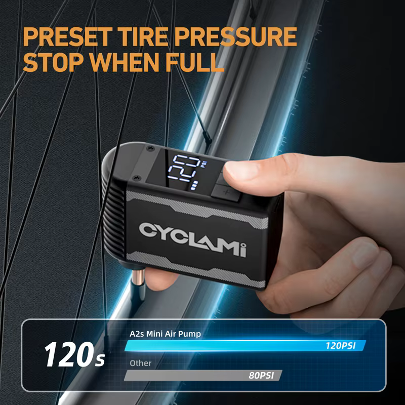 Pompe à vélo électrique portable en alliage CYCLAMI A2S 120 PSI 500 mAh, mini compresseur d'air rapi