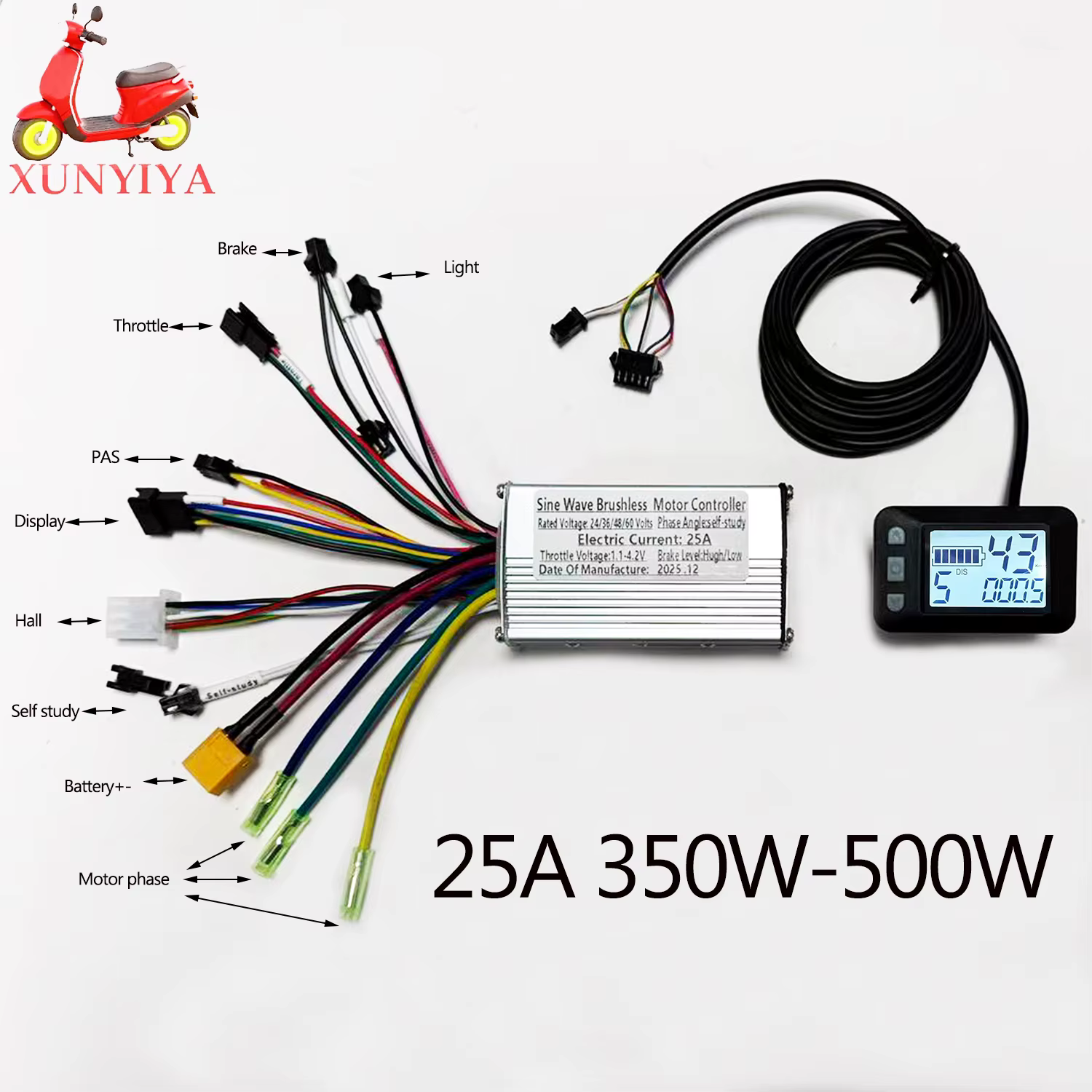 Contrôleur de moteur sans balais pour vélo électrique 24V 36V 48V 350W 20-25A avec écran LCD UART NO