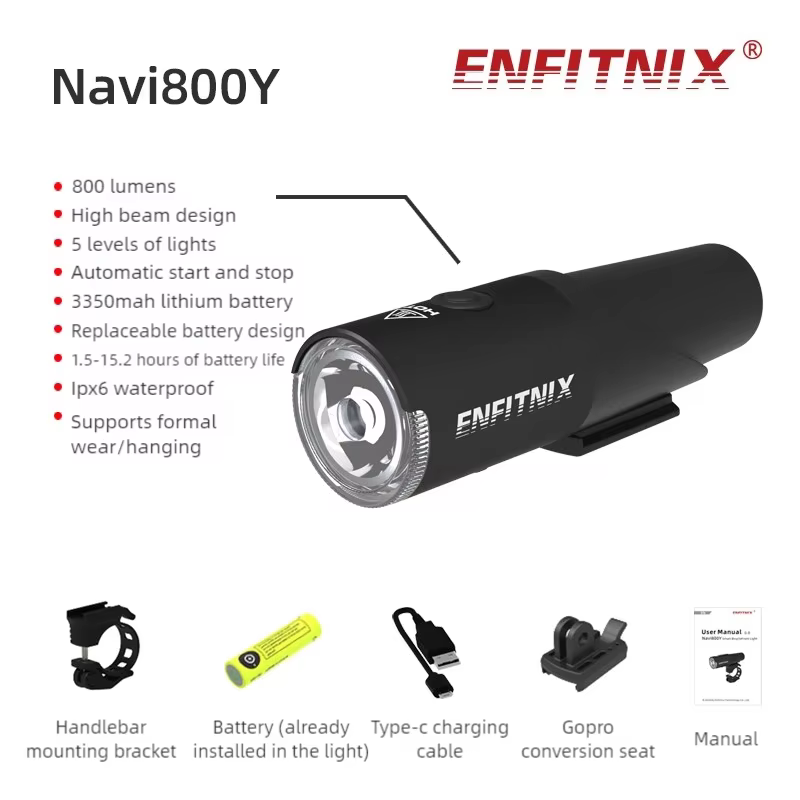Phare intelligent pour vélo Enfitnix Navi800Y, phare de vélo de route et de VTT, 800 lumens, charge 