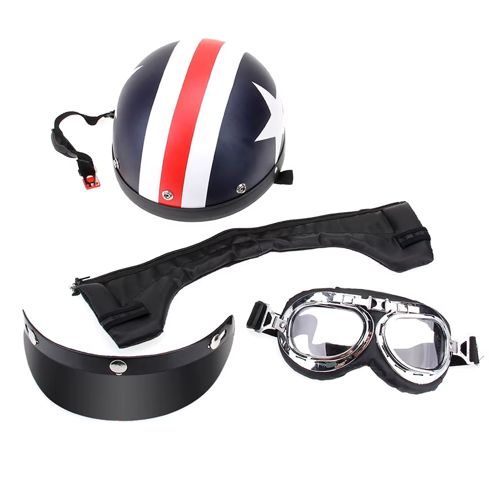 Casque de tourisme pour scooter, demi-casque ouvert avec lunettes, visière, écharpe, casque de touri