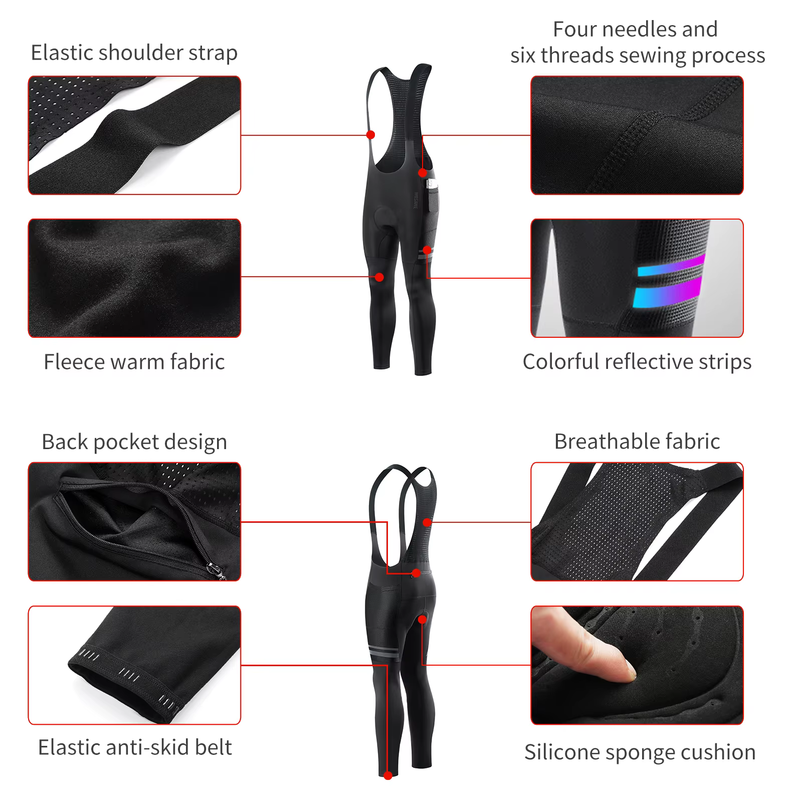 WOSAWE-Pantalon de Cyclisme Thermique Rembourré pour Homme, Collants de Vélo de Route, Bavoir Long,