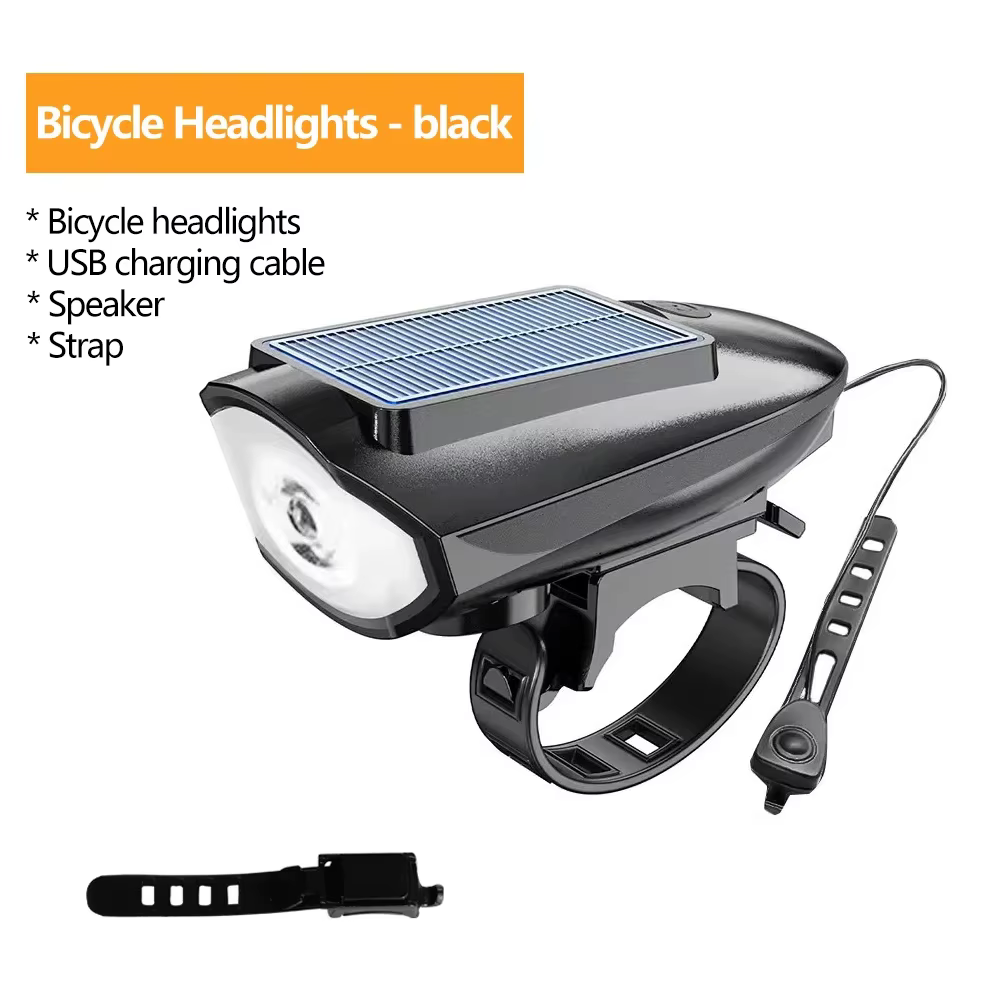 Lumière solaire de vélo avec klaxon LED, phare avant de vélo pour vtt, vélo de route, sonnette élect