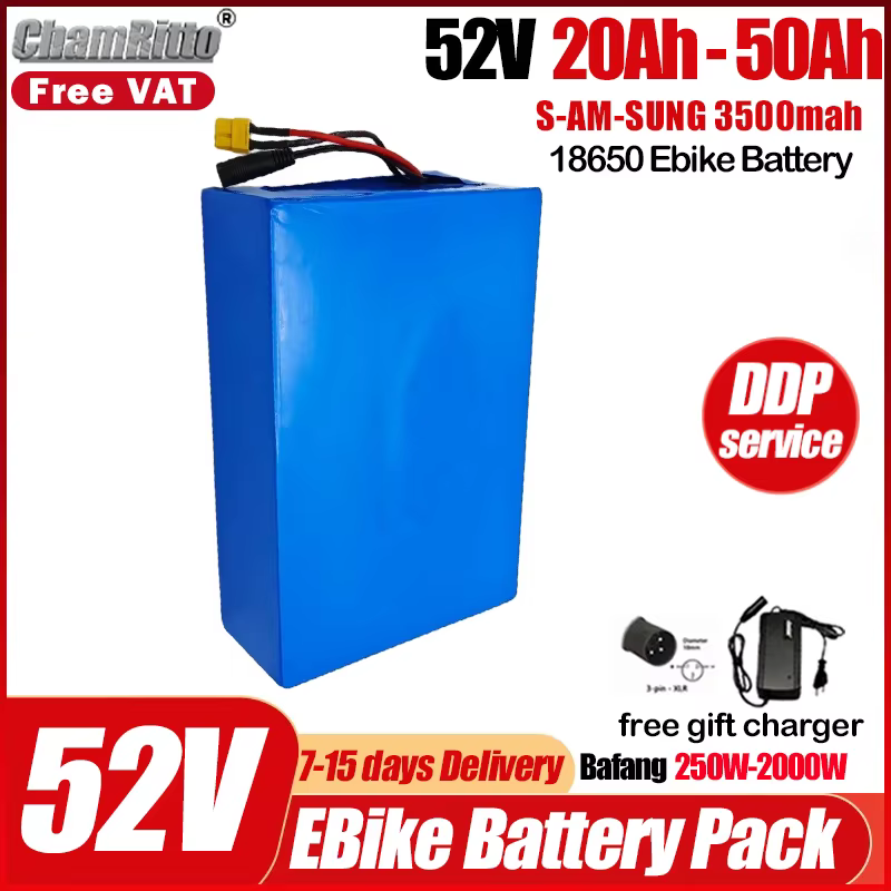 Batterie de vélo électrique 52V 2000W, batterie Li-ion 30Ah 40Ah, batterie de vélo électrique 1000W,
