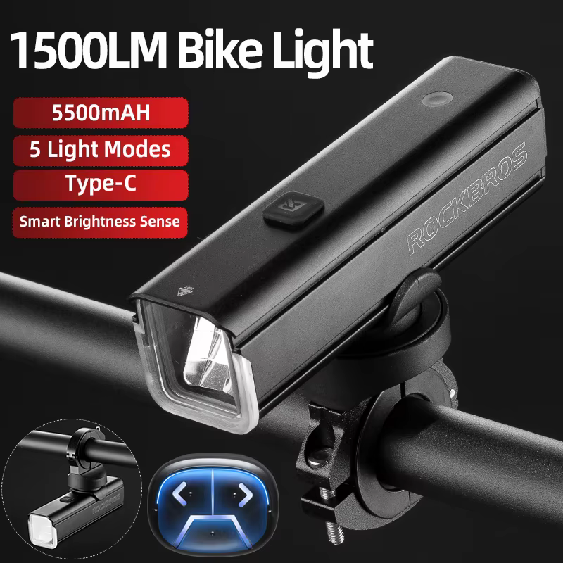 ROCKBROS 1500LM vélo lumière 5500mAH sens intelligent vélo avant lumière en aluminium vtt route lamp