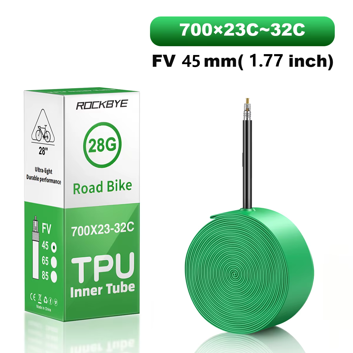 Chambre à air de vélo de route Rockbye 28G, ultralégère en TPU, compatible Presta et Schrader, FV 65