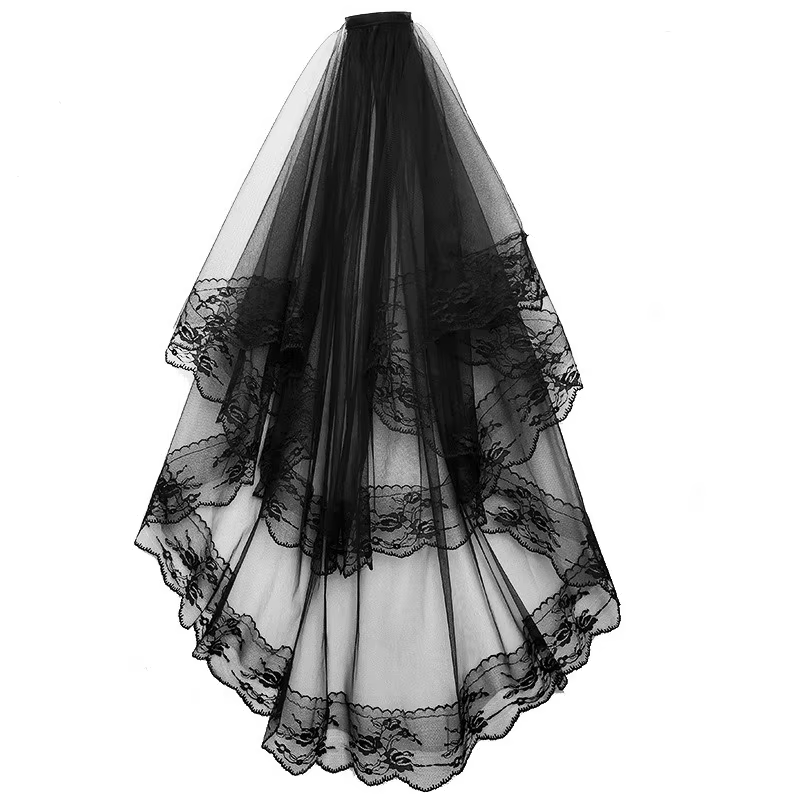 Voile de mariée d'Halloween pour femmes avec bord en dentelle, voile de mariée en tulle à 2 niveaux