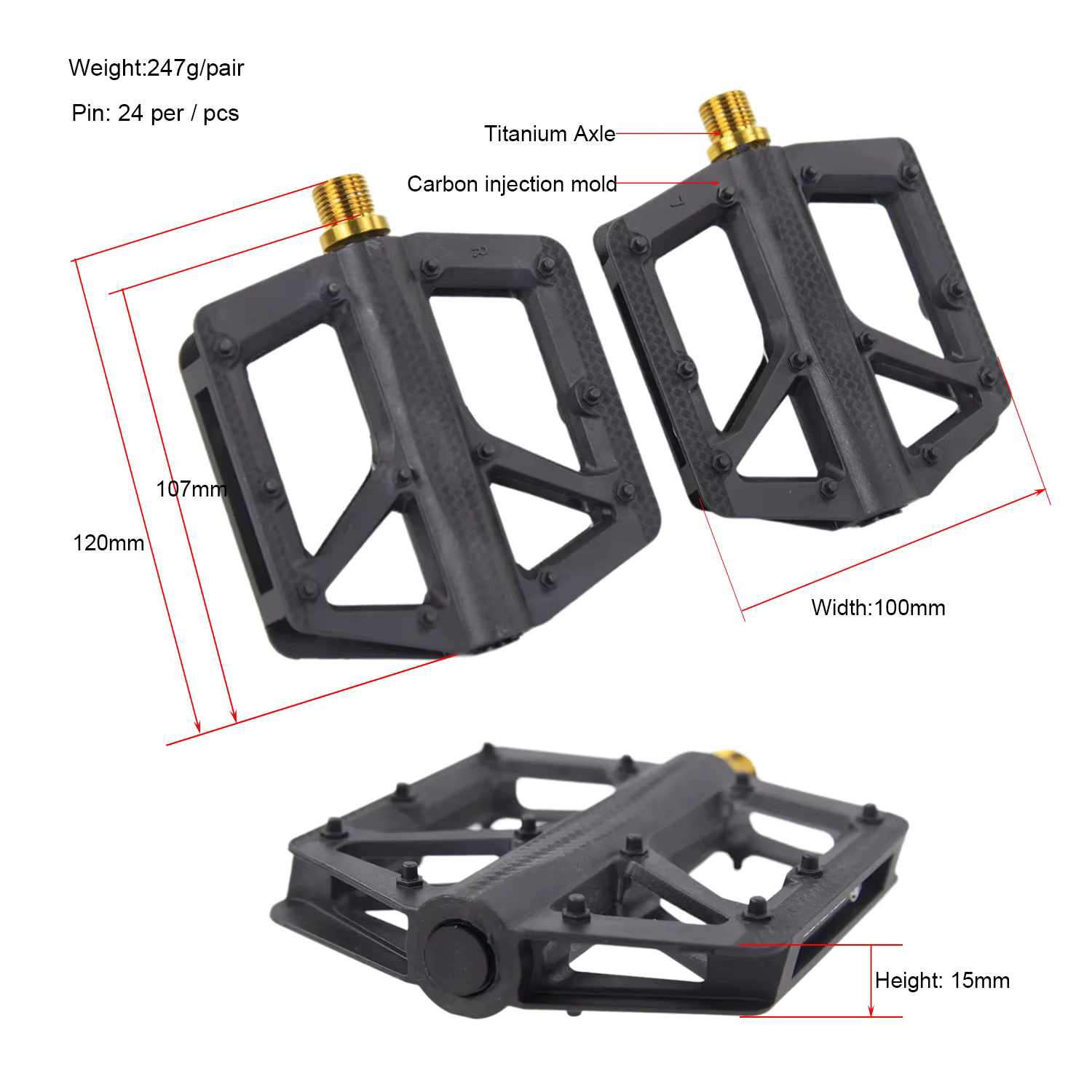 Pédales de vélo FOURIERS, grande taille, plates, en carbone avec roulements à axe en titane pour vél