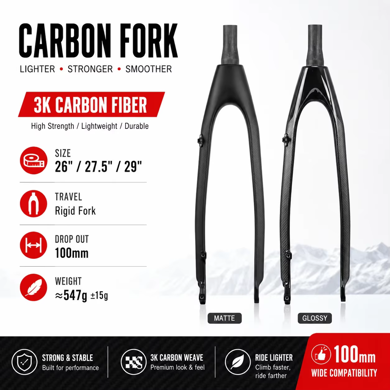 Fourche de vélo de montagne en carbone intégral sans marque, tube conique, frein à disque, 26/27,5/2