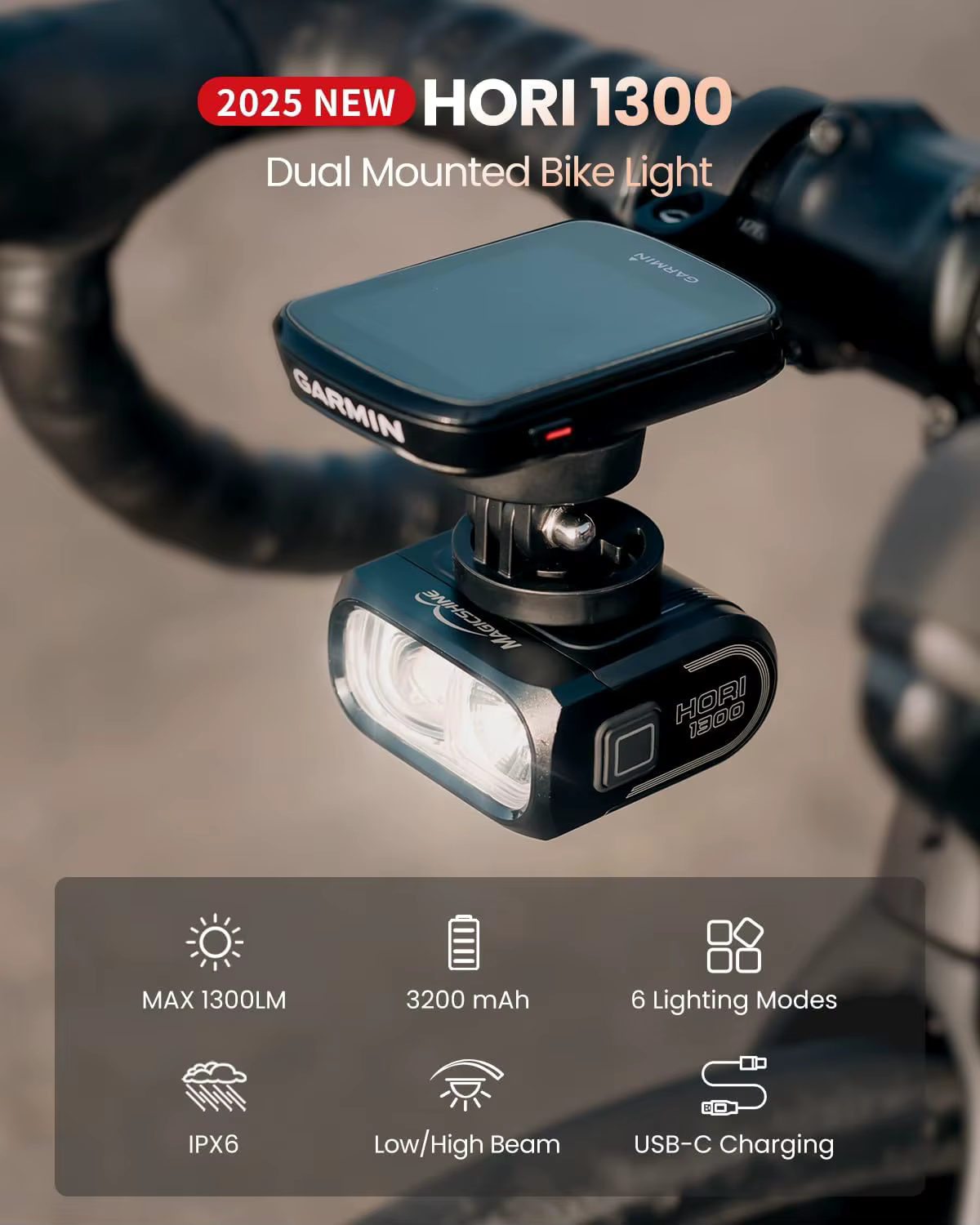 Magicshine HORI 1300 lumière de vélo à double montage, faisceau lumineux de vélo à ligne coupante po