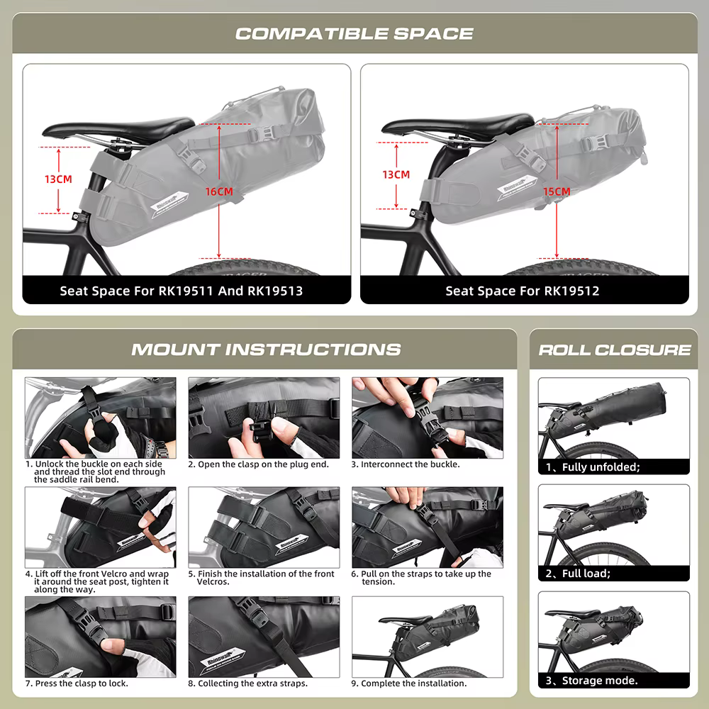 Rhinowalk sac de selle de vélo étanche 5L-13L grande capacité pliable sac arrière arrière réfléchiss