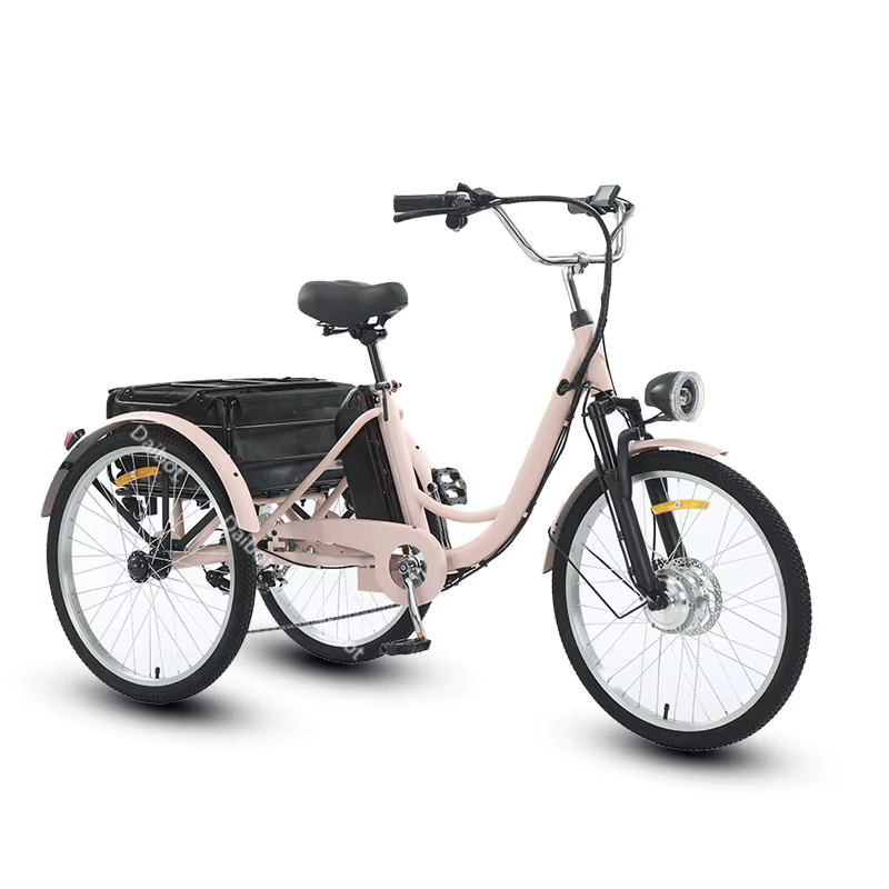 Tricycle de vélo électrique rose à 3 roues avec panier de chargement, batterie amovible, étanche, 36