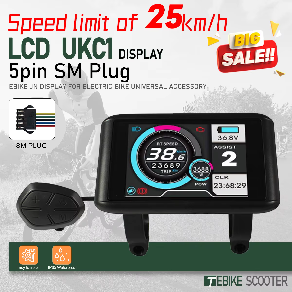 Écran couleur pour vélo électrique UKC1 24V36V48V60V72V UART2, panneau LCD pour trottinette électriq