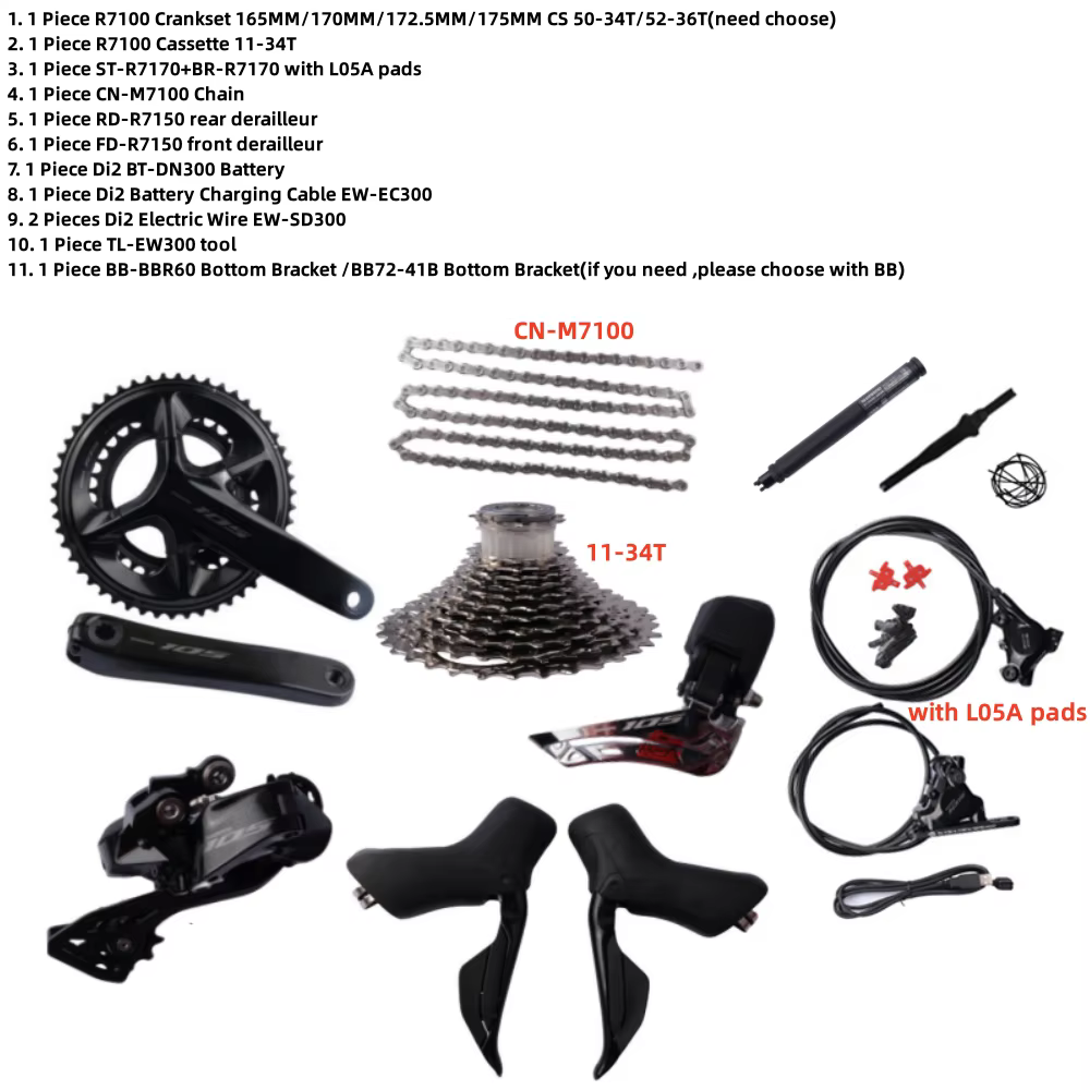 Groupe de transmission pour vélo de route Shimano 105 Di2 R7170 2x12S, manivelle R7100 170/172.5mm, 
