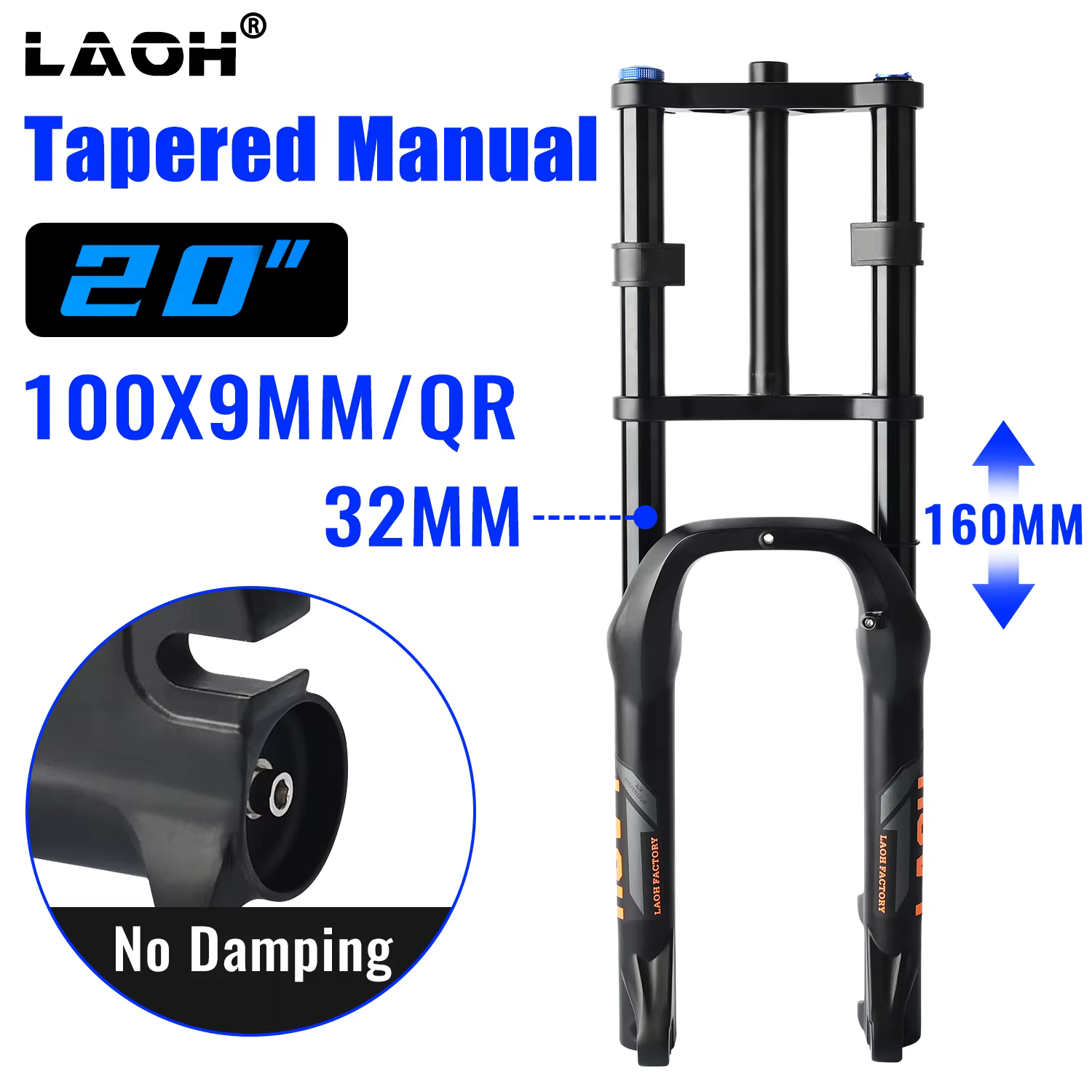 Fourche de suspension LAOH 20 pouces pour vélo, avec pneu 4.0, débattement 160 mm, double épaule, QR