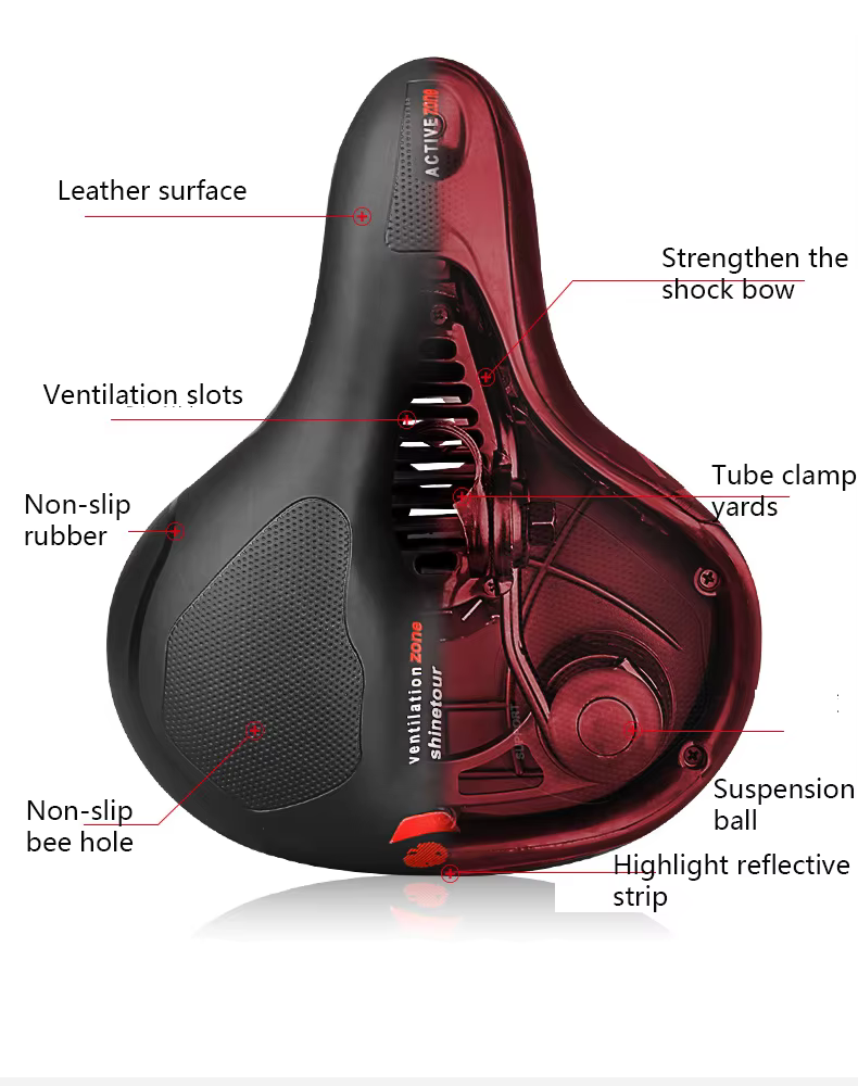 Selle de vélo creuse réfléchissante absorbant les chocs, respirante, imperméable, large siège de vél