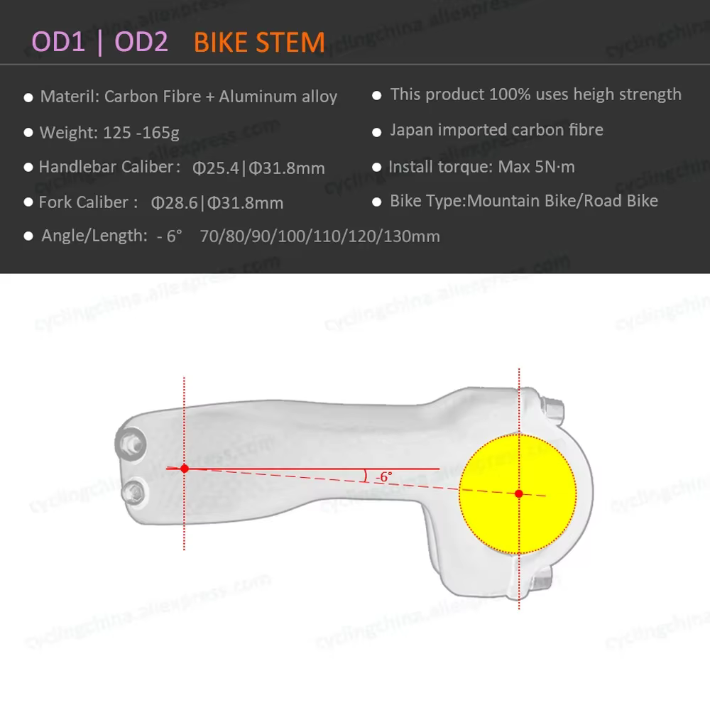 Tige de vélo en carbone brillant/mat 3K, sans Logo, 6 degrés OD1/OD2, pince de guidon de route/VTT, 
