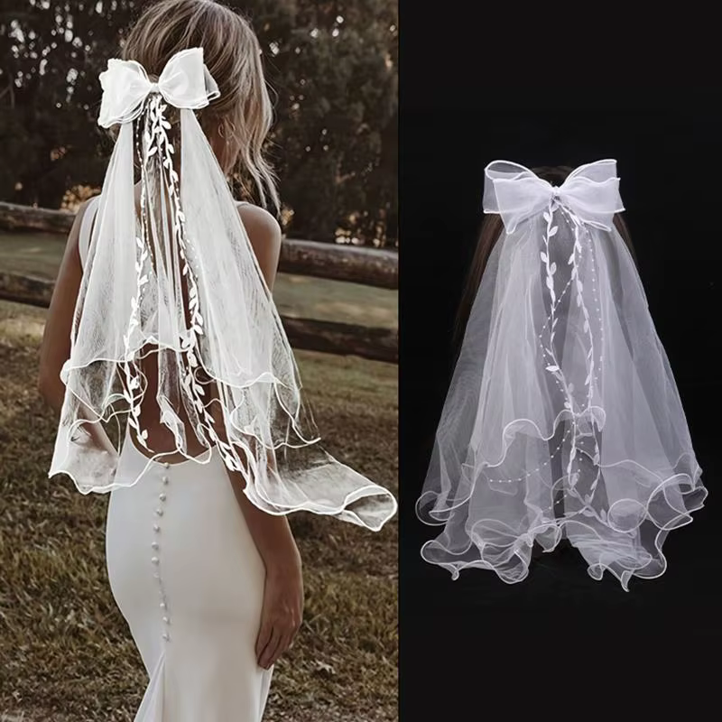 Voile de mariée en tulle pour femme, deux couches, simple et élégant, avec nœud et bordure en dentel