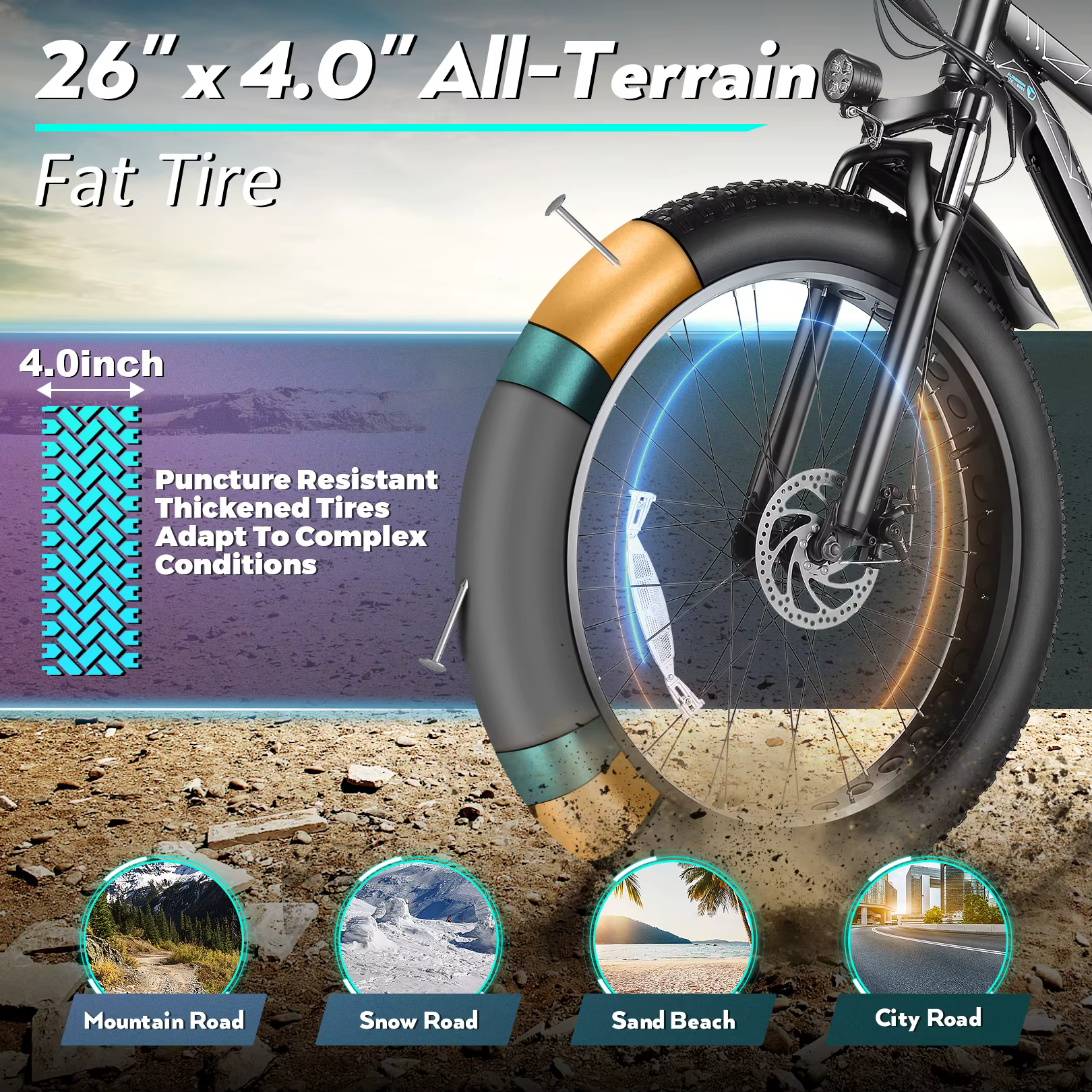 Vélo électrique Vivi F26FUL 26" x 4.0 Fat Tire avec moteur 500W, batterie amovible 48V 13Ah, 7 vites